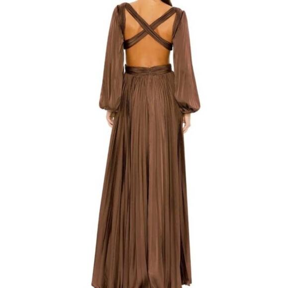Ieena for Mac Duggal Brown Long Sleeve Pleated Full Skirt Cut Out Sides Gown 6 - Picture 3 of 16